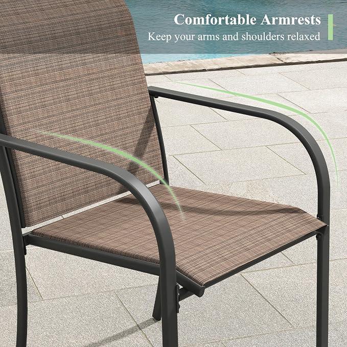 7 Pieces Outdoor Dining Set, Stackable Textilene Paito Chairs & 47.1" Round Dining Table with Umbrella Hole and Shelf, Patio Dining Set for Backyard, Deck, Garden, Brown & Black