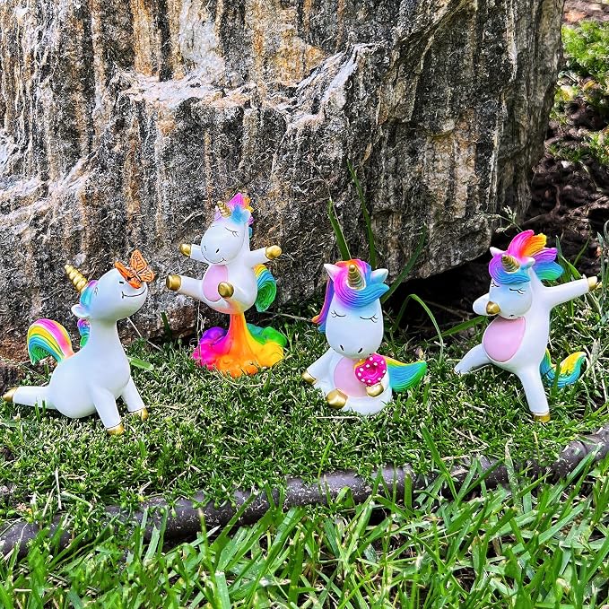 Mood Lab Fairy Garden Figurines - Yoga Unicorn Set (4 pcs) - Miniature Decorative Statues & Accessories - Outdoor & Indoor Garden Decor