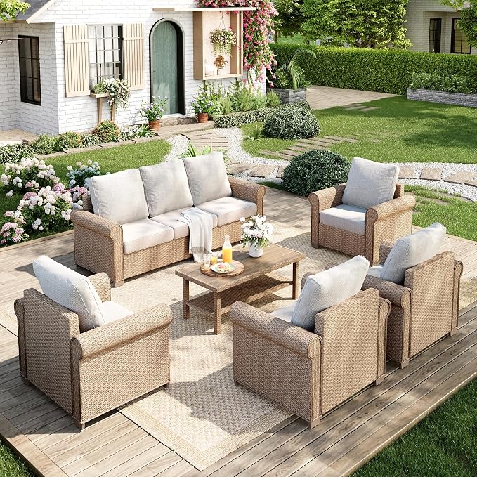 MIXPATIO Patio Furniture Set 6 pcs, Wicker Outdoor Patio Furniture, 3-Seat Sofa, 4 Single Sofas and Coffee Table, Rattan Outdoor Conversation Set for Backyard Deck, Beige