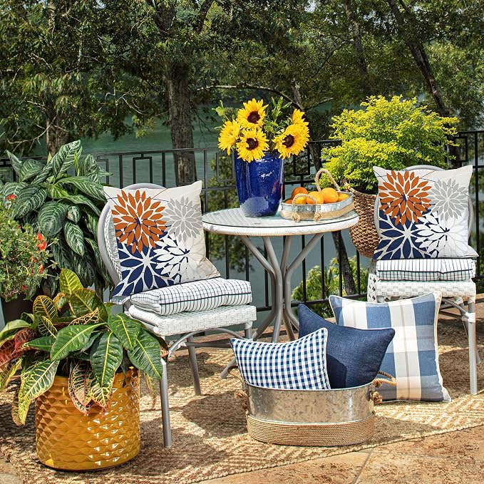 DFXSZ Pack of 2 Outdoor Waterproof Throw Pillow Covers 16x16 Orange Blue | Polyester Spring Summer Fall Floral Decorative Cushion Cases(NO INSERT),For Couch Patio Funiture Garden Home Decor