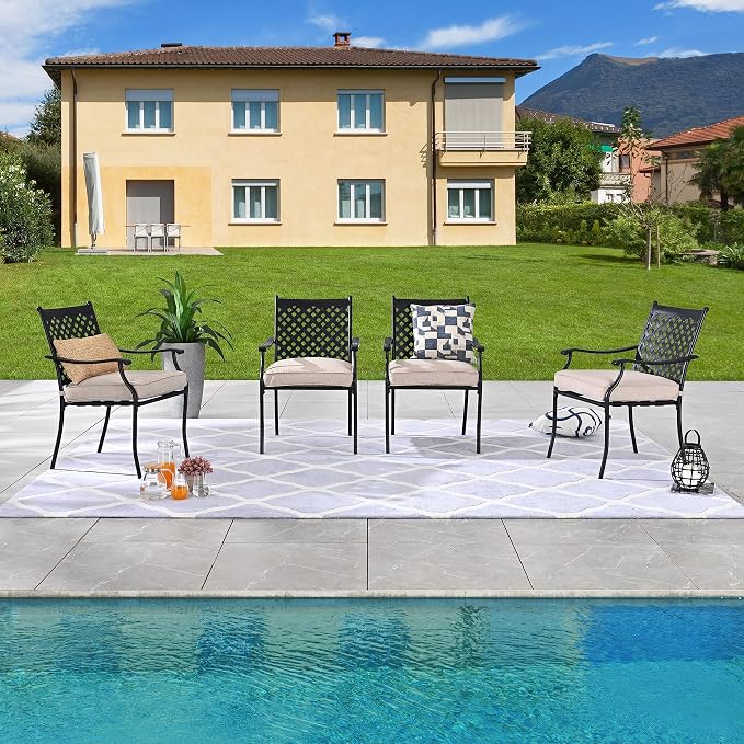 LOKATSE HOME Patio Dining Chairs Set of 4, Stackable Metal Wrought Iron Outdoor Chairs with Armrests & Thick Beige Cushions, All-Weather Heavy Duty Furniture for Garden, Backyard, Deck & Balcony