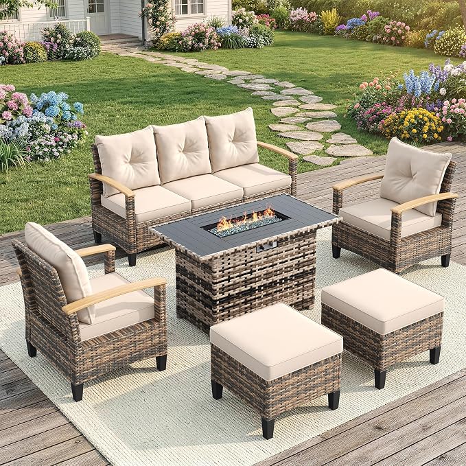 UDPATIO Patio Furniture Set with Fire Pit Table, 6 Pieces Outdoor Wicker Conversation Set for Lawn, Porch, Garden, Backyard, Khaki