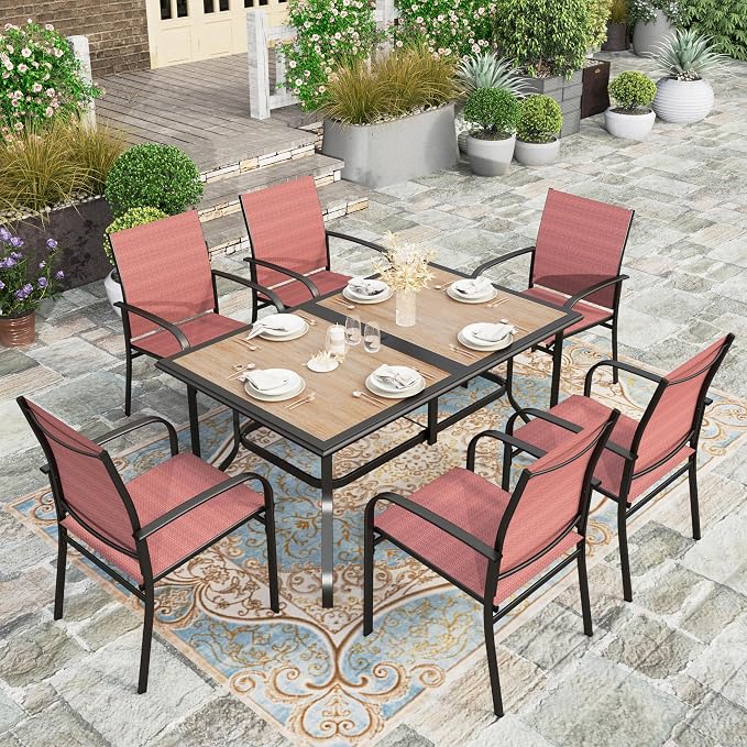 HERA'S HOUSE 7pc Patio Dining Set, Metal Table with PVC Top, Red Chairs | 60" rectangular table with umbrella hole, 6 textilene chairs. Waterproof, rust-resistant, all-weather for yard, porch