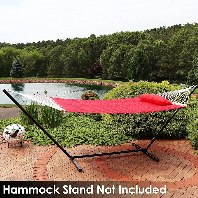 Sunnydaze Double Quilted Polyester Hammock with Detachable Pillow - 440-Pound Capacity - Red