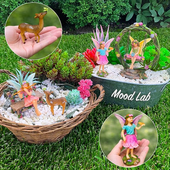 Mood Lab Fairy Garden Figurines with Swing - Miniature Decor Set (6 pcs) - Statues & Accessories - Outdoor & Indoor Garden Decor