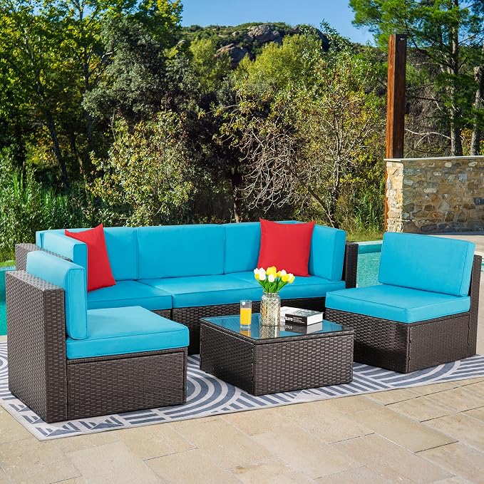 Vongrasig 6 Piece Small Patio Furniture Sets, Outdoor Sectional Sofa All Weather PE Wicker Patio Sofa Couch Garden Backyard Conversation Set with Glass Table,Blue Cushions and Red Pillows (Blue)
