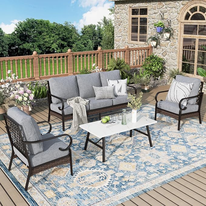 MIXPATIO Patio Furniture Set with Coffee Table, Outdoor Conversation Set with 2 x Fixed Chairs, 1 x 3-Seat Sofa for Lawn Garden Backyard, Grey