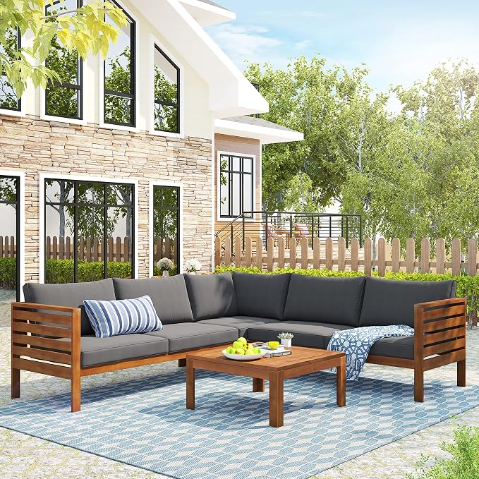 Outdoor Patio Conversation Furniture Set, Acacia Wood Sectional Sofa Set with Coffee Table, 4 Piece Outdoor Sofa Set with Two-person Sofa and Corner Sofa for Backyard (Natural log+Gray Cushions)