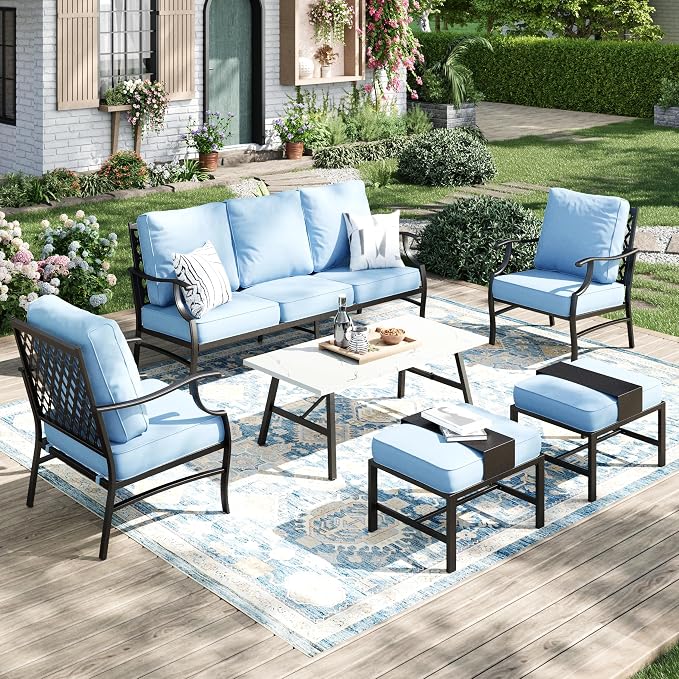 MIXPATIO Patio Furniture Set 6 pcs, Outdoor Patio Furniture, 3-Seat Sofa, 2 Single Chairs, 2 Ottomans, Coffee Table and 5.75" Extra Thick Cushion, Patio Conversation Set for Garden Backyard Deck,Blue