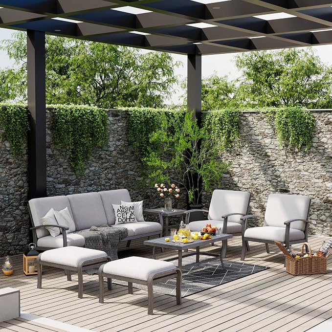 HAPPATIO 7 Piece Aluminum Patio Furniture Set, 3-Seat Outdoor Ottomans and Armchairs, Outdoor Sectional Sofa with Side Table and Coffee Table, Garden Conversation Set for Lawn Deck (Gray)