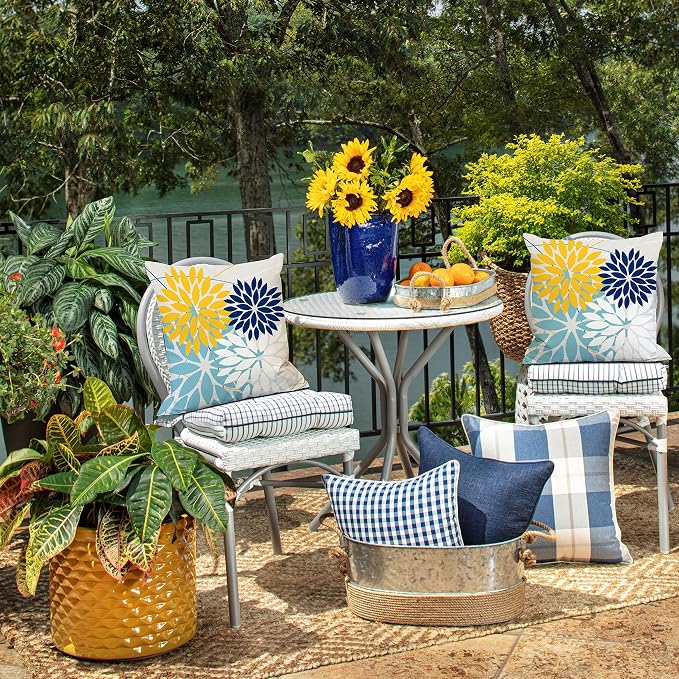 DFXSZ Pack of 2 Outdoor Waterproof Throw Pillow Covers 18x18 Yellow Blue | Polyester Colorful Spring Summer Floral Decorative Cushion Cases(NO INSERT),For Couch Patio Funiture Garden Home Decor