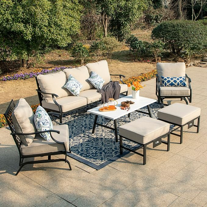 HERA'S HOUSE 6 Piece Patio Furniture Set, 2 x Rocking Cushioned Chair, 2 x Cushioned Ottoman, 1 x 3-Seat Sofa with Marbling Coffee Table, Outdoor Conversation Set for Lawn Garden Backyard
