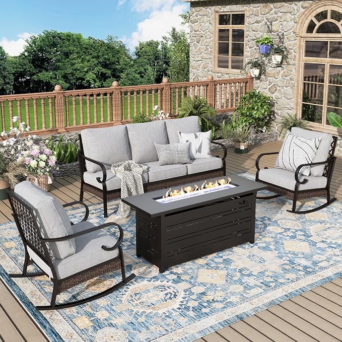 MIXPATIO Patio Furniture Set with Firepit Table, Black Frame Outdoor Conversation Set with 2 x Rocking Chairs, 1 x 3-Seat Sofa for Lawn Garden Backyard, Light Grey