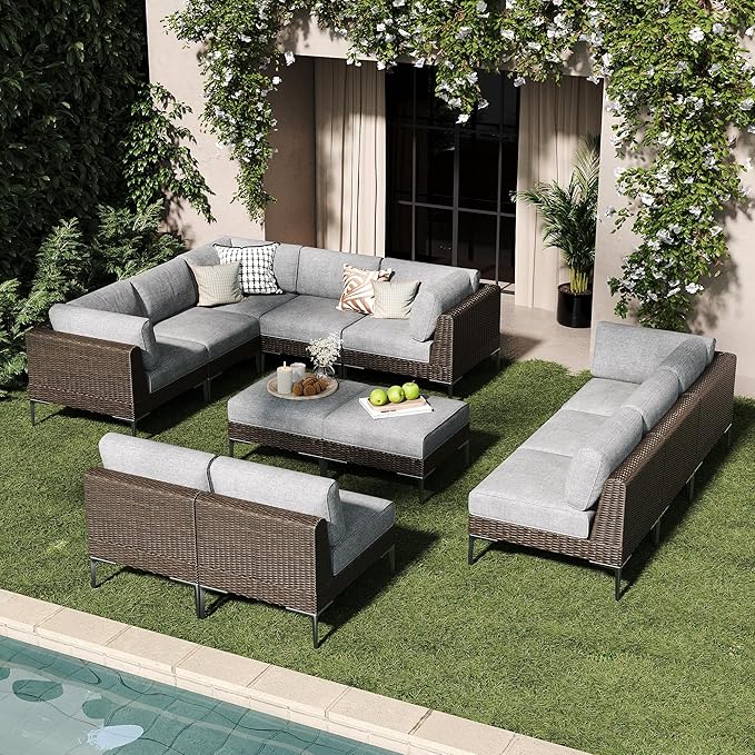 LayinSun 12-Piece Wicker Rattan Patio Furniture Set, Deep Seating Outdoor Modular Sectional Sofa Conversation Set with Thick Cushions for Lawn, Garden
