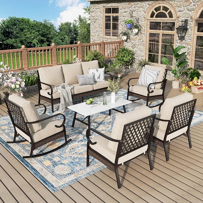 MIXPATIO Patio Furniture Set with Coffee Table, Outdoor Conversation Set with 2 x Fixed Chairs, 2 x Rocking Chairs, 1 x 3-Seat Sofa for Lawn Garden Backyard, Beige