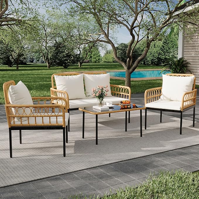 GarveeLife 4 Pieces Patio Furniture Sets Wicker Outdoor Patio Table and Chairs Set with Glass Side Table, Loveseat Chairs, Boho Rattan Conversation Sets for Backyard, Bistro, Apartment, Porch, Beige