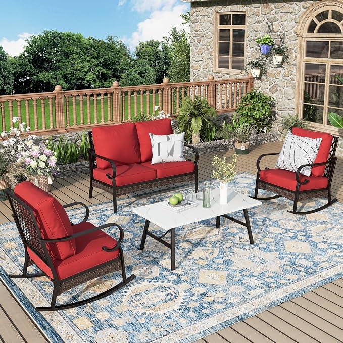 MIXPATIO Patio Furniture Set with Coffee Table, Outdoor Conversation Set with 2 x Rocking Chair, 1 x 2-Seat Sofa for Lawn Garden Backyard, Red