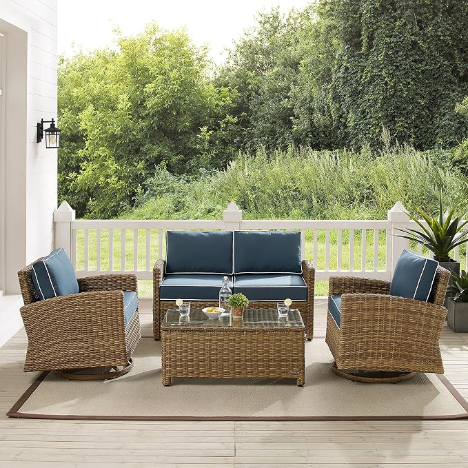 Crosley Furniture Bradenton 4-Piece Wicker Outdoor Loveseat and Swivel Rocker Patio Furniture Set for Porch, Brown with Navy Cushions