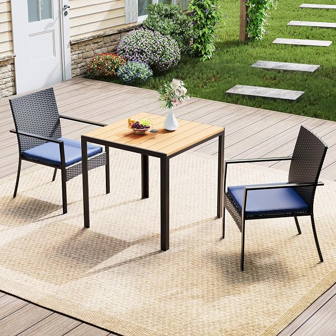 3 Piece Patio Dining Set, Wicker Outdoor Table and Chairs with Umbrella Hole ＆ Soft Cushion, Patio Furniture Set for Backyard, Garden, Poolside, Deck - Black＆Blue