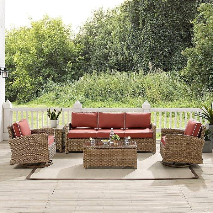 Crosley Furniture Bradenton 5-Piece Wicker Outdoor Sofa and Swivel Rocker Patio Furniture Set for Porch, Brown with Sangria Cushions