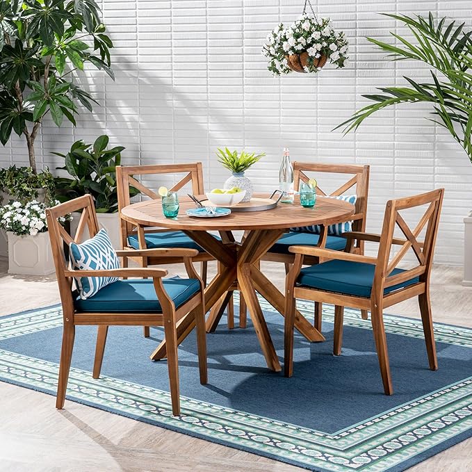 Christopher Knight Home Jordan Outdoor 5 Piece Acacia Wood Dining Set, Teak Finish/Blue
