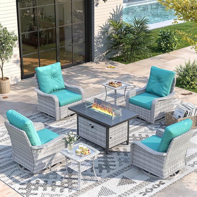 7 Piece Wicker Patio Furniture Set with 55,000 BTU Fire Pit Table, Swivel Rocking Chairs, 4''Cushions, PE Rattan, Wind Guard Glass, for Backyard, Deck or Balcony, Blue