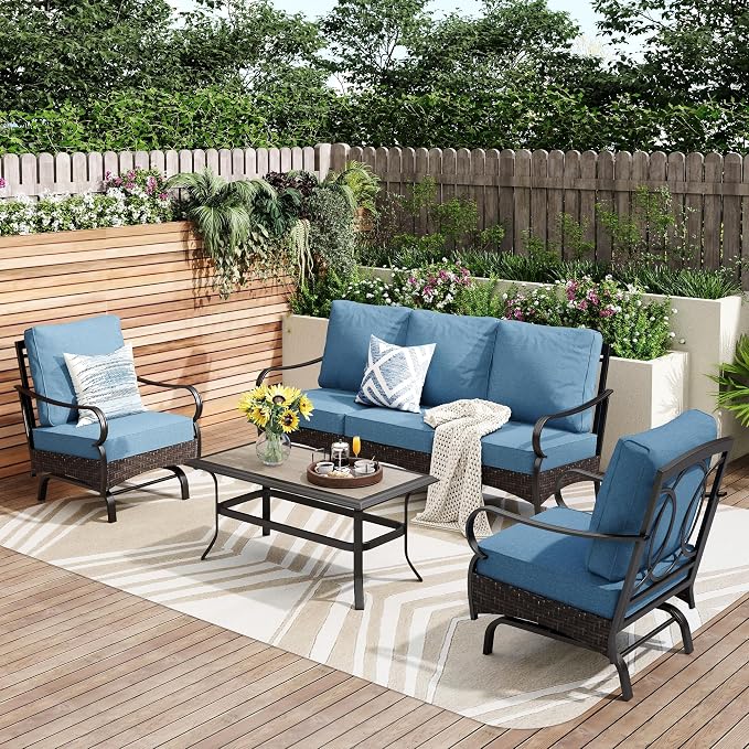 PHI VILLA Outdoor Modern Patio Furniture Set, Upgraded Wicker & Metal Patio Conversation Set with Waterproof Thick Cushions for Porch, Poolside, Yard (4 Pieces,Navy)