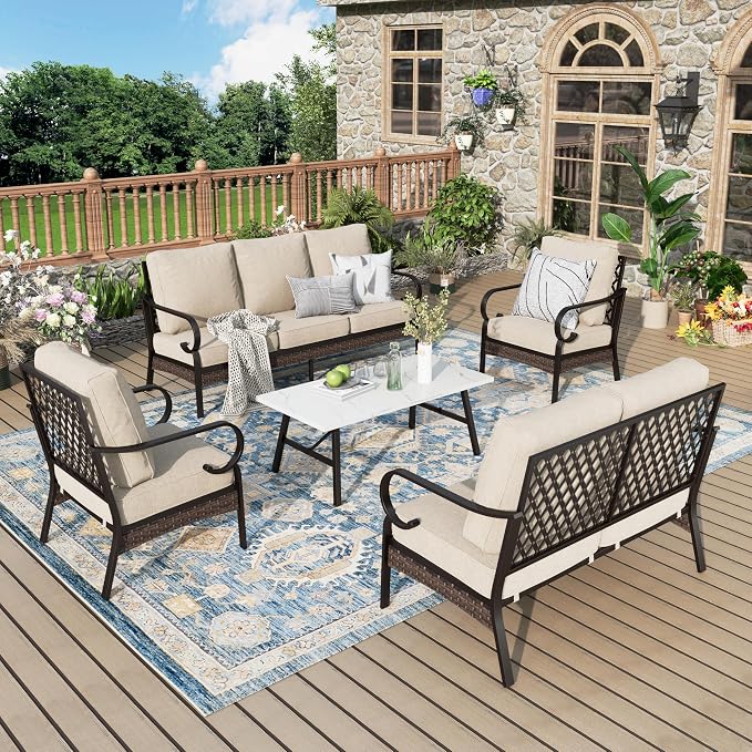 MIXPATIO Patio Furniture Set with Coffee Table, Outdoor Conversation Set with 2 x Fixed Chairs, 1 x 2-Seat Sofa, 1 x 3-Seat Sofa for Lawn Garden Backyard, Beige