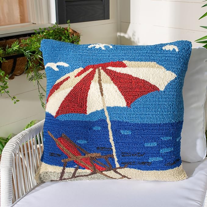 Safavieh Home Collection Beach Lounge Nautical Coastal Marine Blue/Red 20-inch Square Outdoor Pillow with Insert