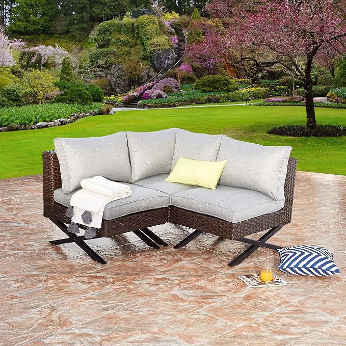LOKATSE HOME Patio Sofa Rattan Armless Chair X Shape Leg Metal Frame Outdoor Wicker Furniture with Cushions for Garden Backyard Pool, Brown