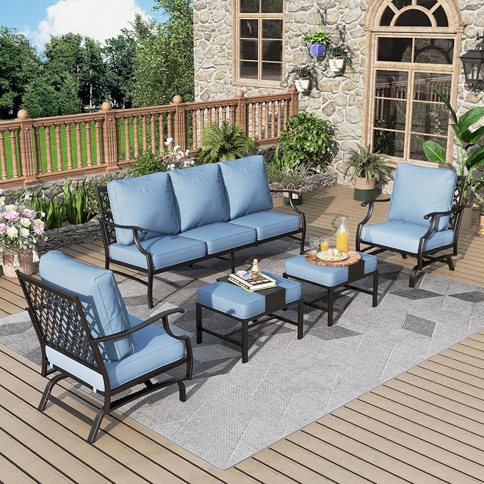 MIXPATIO Patio Furniture Set 5 pcs, Outdoor Patio Furniture, 3-Seat Sofa, 2 Rocking Chairs, 2 Ottomans and 5.75" Extra Thick Cushion, Patio Conversation Set for Garden Backyard Deck,Blue