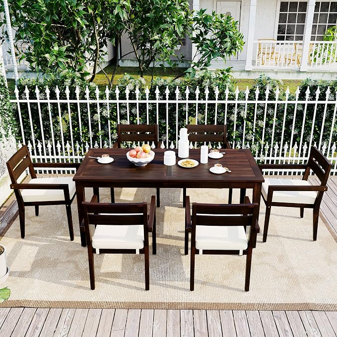 7 Piece Patio Dining Set, 70.9" Rectangular Acacia Wood Outdoor Dining Table & 6 Dining Arm Chairs with Cushion, Suitable for Outdoors and Indoors (Dark Brown@015)