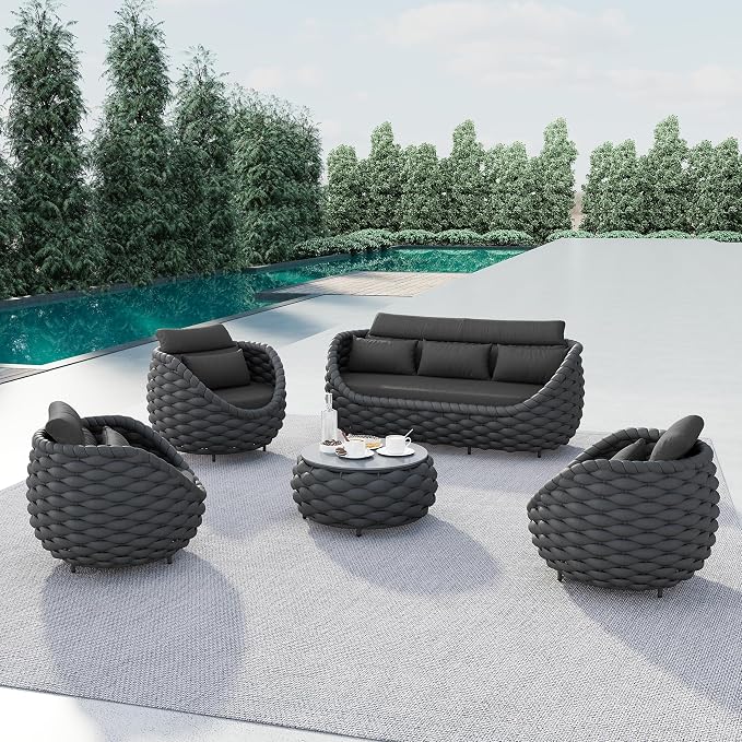 Aluminum Outdoor Seating Set: 5-Piece Woven Rope Patio Conversation Set of 6 - Metal Sofa Set Assembled Cushioned - Modern Couch Porch Furniture for Deck Lanai Balcony Yard Pool Hotel, Dark Gray