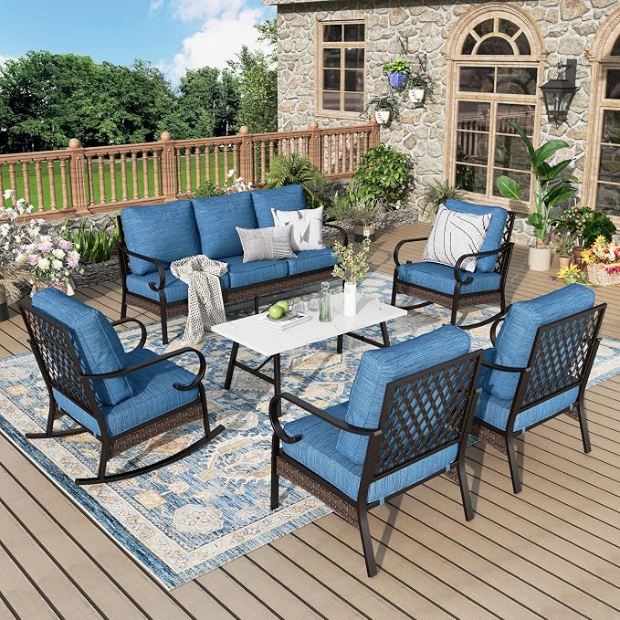 MIXPATIO Patio Furniture Set with Coffee Table, Outdoor Conversation Set with 2 x Fixed Chairs, 2 x Rocking Chairs, 1 x 3-Seat Sofa for Lawn Garden Backyard, Pacific Blue