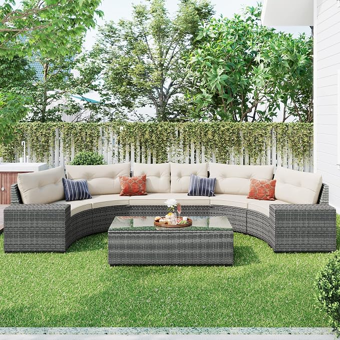8-pieces Outdoor Patio Half-Moon Sectional Sofa Sets With Rectangular Coffee Table, All Weather PE Rattan Wicker Curved Sofa Set, Water-resistant and UV Protected Conversation Sets (Beige 8-pieces)
