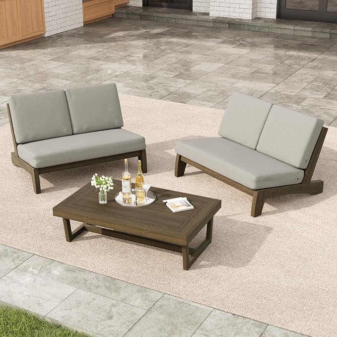 3 Pieces Patio Furniture Sets, All-Weather Outdoor Wood Bistro Set Patio Conversation Coffee Table Chiars and Patio Loveseat for Balcony, Backyard