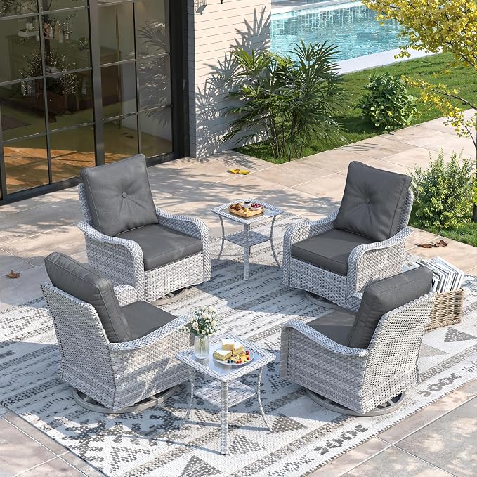 6 Piece Wicker Patio Furniture Set, Swivel Rocking Chairs with 4''Cushions, PE Rattan, Rust Resistant Frame, Double Layer Glass Side Table, for Backyard, Deck or Balcony, Black