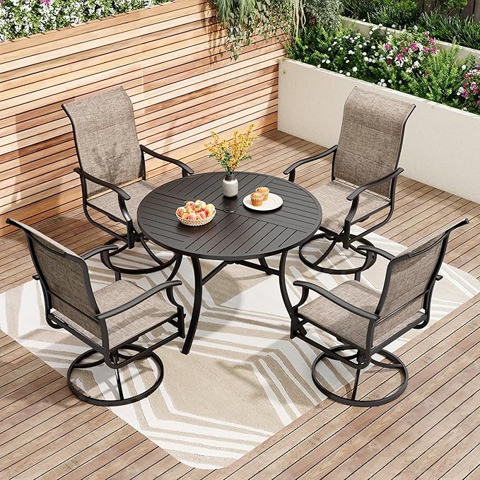 PHI VILLA 5 Piece Patio Dining Set, 4 Outdoor Swivel Dining Chairs and Large Round Dining Table(1.57’’ Umbrella Hole), All Weather Table and High Back Chairs for Outdoor Lawn Garden