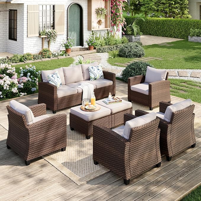 MIXPATIO Patio Furniture Set, 7 Pcs Wicker Rattan Rattan Outdoor Conversation Set, 4 x Single Chairs, 1 x 3 Seater Sofa and 2 x Ottoman with 4" Thick Cushion for Garden Backyard Deck, Beige
