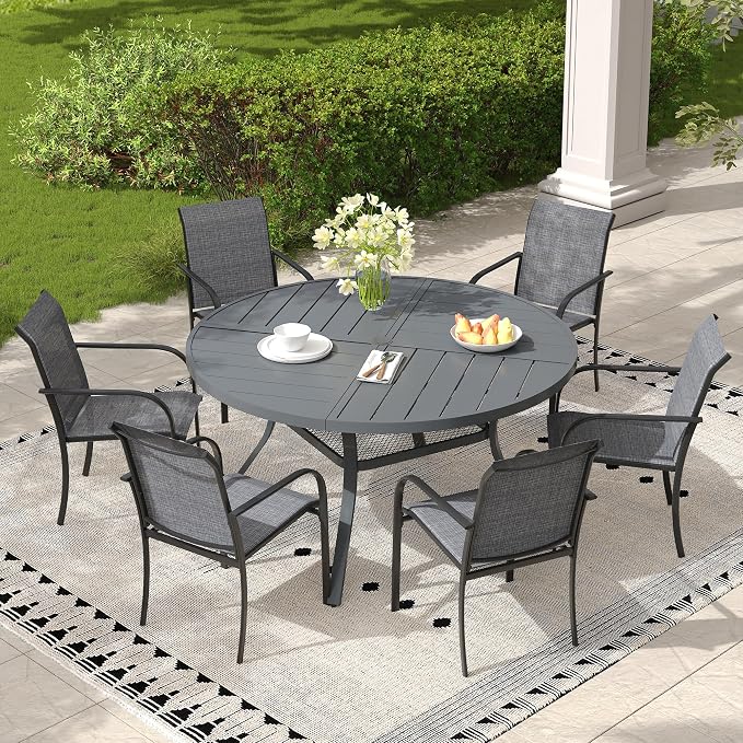 7 Pieces Outdoor Dining Set, Stackable Textilene Paito Chairs & 47.1" Round Dining Table with Umbrella Hole and Shelf, Patio Dining Set for Backyard, Deck, Garden, Grey & Dark Grey