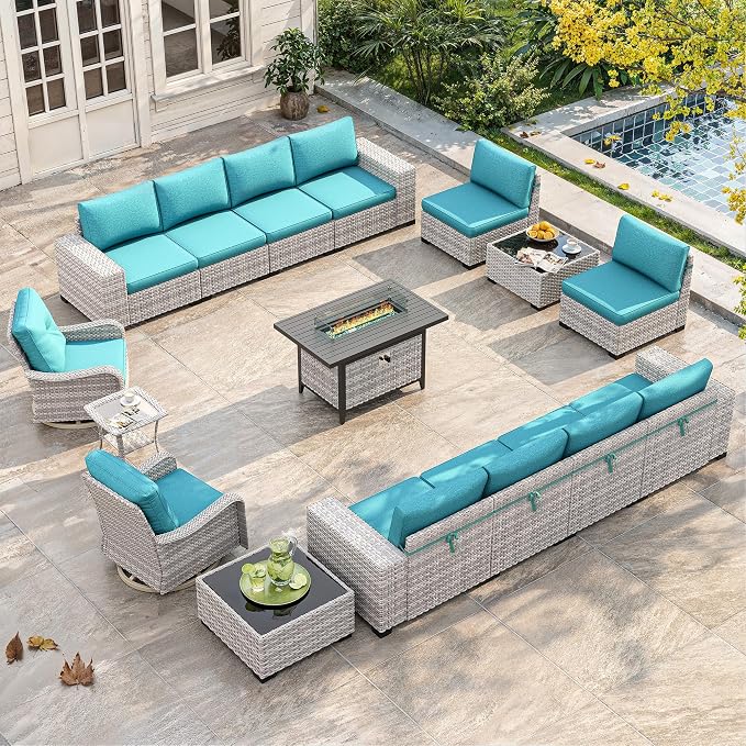 16 Piece Outdoor Wicker Sectional Sofa Set with Swivel Chairs & Fire Pit Table, 12-Seats with 4" Thickened Cushions & Coffee Table, All-Weather PE Rattan for Garden, Backyard, Porch, Turquoise