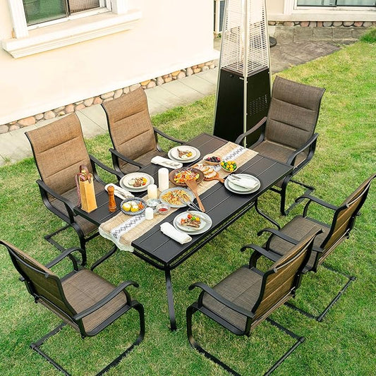 NUU GARDEN 7 Piece Outdoor Dining Set, 6 All Weather Padded Textilene Patio Chairs and 61" Rectangular Dining Table with 1.57" Umbrella Hole, for Patio, Garden, Brown and Black