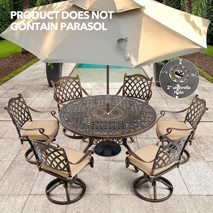 7-Piece Cast Aluminum Outdoor Table and Chairs, Classic Vintage Patio Dining Set for 6 Include 54.5" Round Dining Table and 6 Swivel Chairs with Removable Cushion and Umbrella Hole