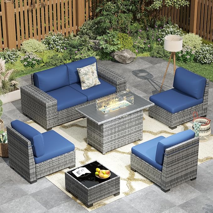 Patio Furniture with Fire Pit Table,8‘’ Wide armrest Outdoor Sectional Rattan Sofa Set, Wicker Patio Furniture Sets w/Coffee Table,Thick Cushions and Cover for Porch, Balcony,7PC(Grey&Navy)