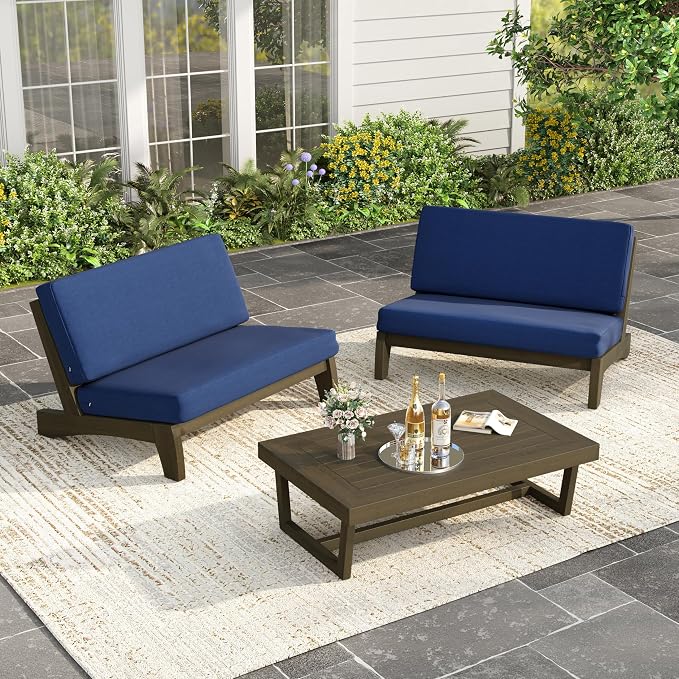 Wood Patio Furniture Sets, 3 Pieces All Weather Patio Loveseat Sofa Outdoor Sectional Futniture Backyard Conversation Set with Solid Wooden Coffee Table - Navy Blue