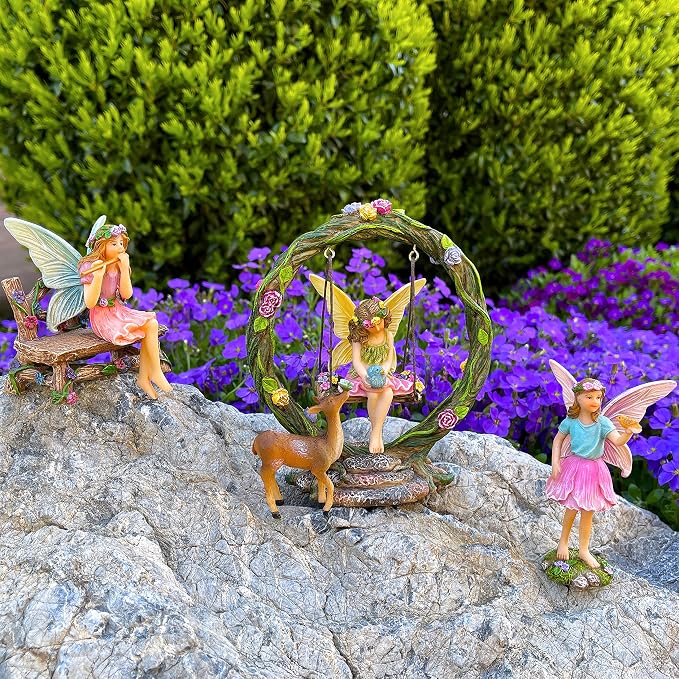 Mood Lab Fairy Garden Figurines with Swing - Miniature Decor Set (6 pcs) - Statues & Accessories - Outdoor & Indoor Garden Decor