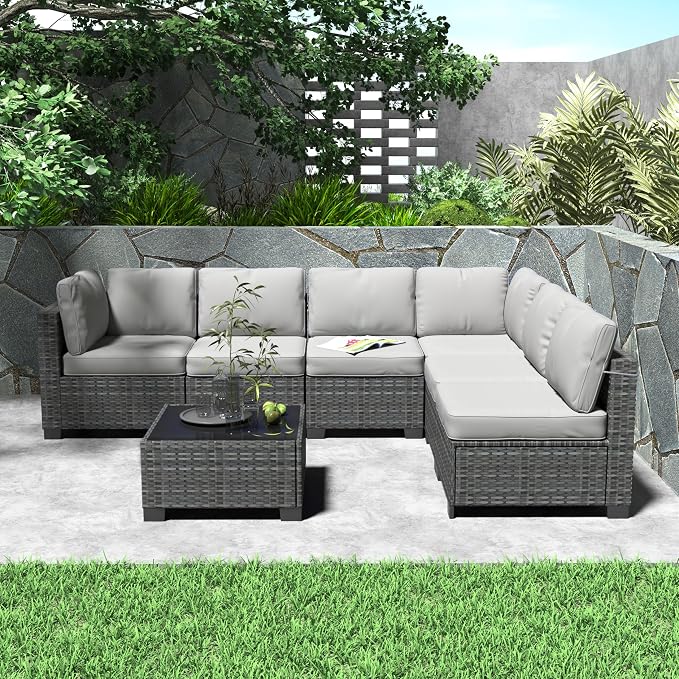 GarveeHome 7 Piece Patio Furniture Set, PE Rattan Wicker Sectional Sofa Set with Cushions & Glass Top Coffee Table, Outdoor Conversation Furniture for Garden, Balcony, Porch, Backyard