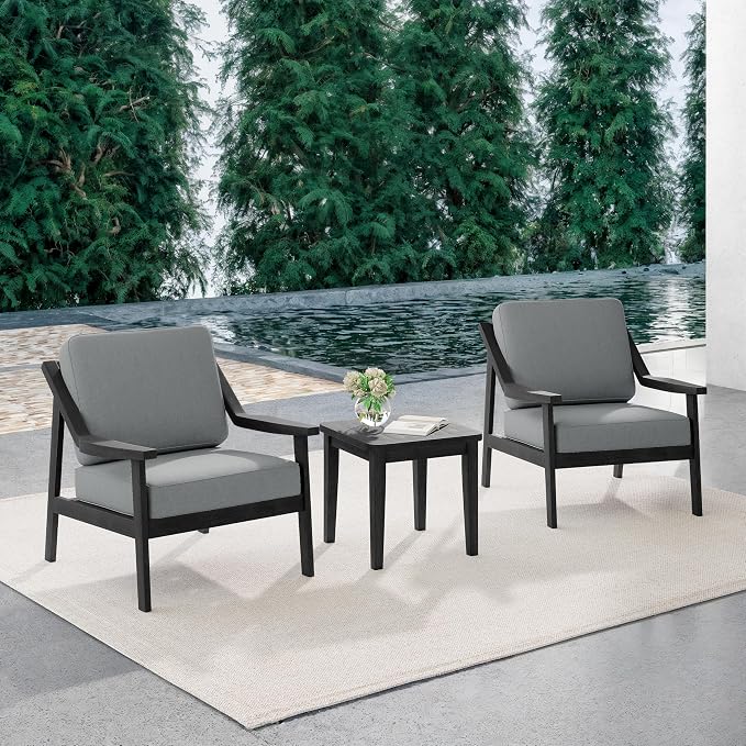 Outdoor Patio Furniture Set, 3 Piece Patio Conversation Sets with Washable Thick Cushions, All-Weather Solid Wood Patio Bistro Set for Porch, Balcony, Black Frame & Gray Cushion