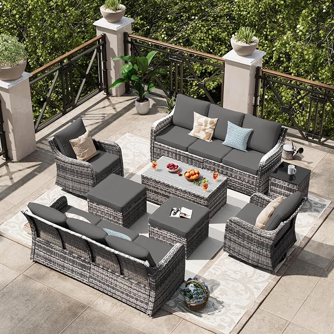 MEISSALIVVE Outdoor Patio Furniture Set with Swivel Chair, 8 Pieces Patio Conversation Set, Patio Sectional Furniture Set with 2 Three-seat Sofa, 2 Ottomans and Coffee Table (Grey)