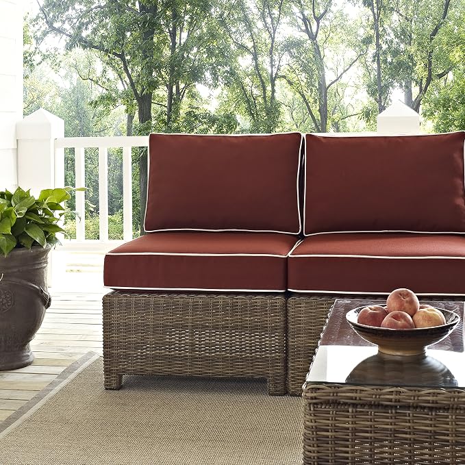 Crosley Furniture Bradenton 5-Piece Outdoor Sectional Sofa Wicker Conversation Patio Furniture Set for Deck, Brown with Sangria Cushions